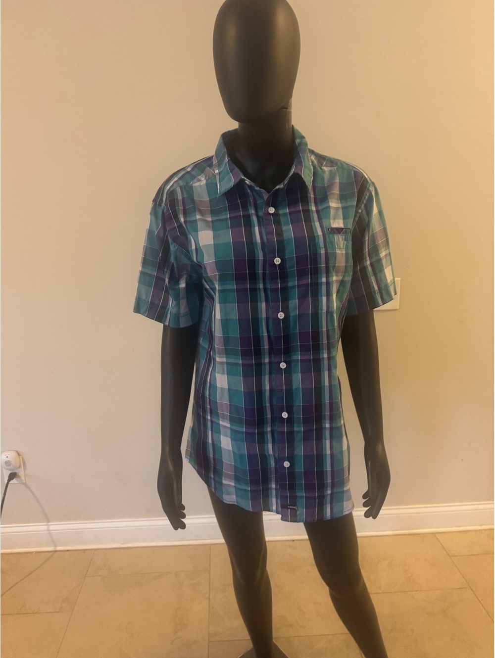 Tony Hawk Plaid Short Sleeve Button Up Shirt Blue Purple